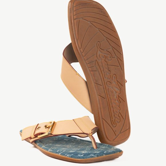 Louis Vuitton Natural Buckled-Leather & Monogram Denim Thong Sandals - Picture 5 of 11